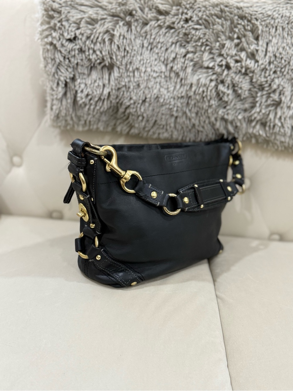 Coach Black Leather Shoulder Bag with Gold-Tone Hardware